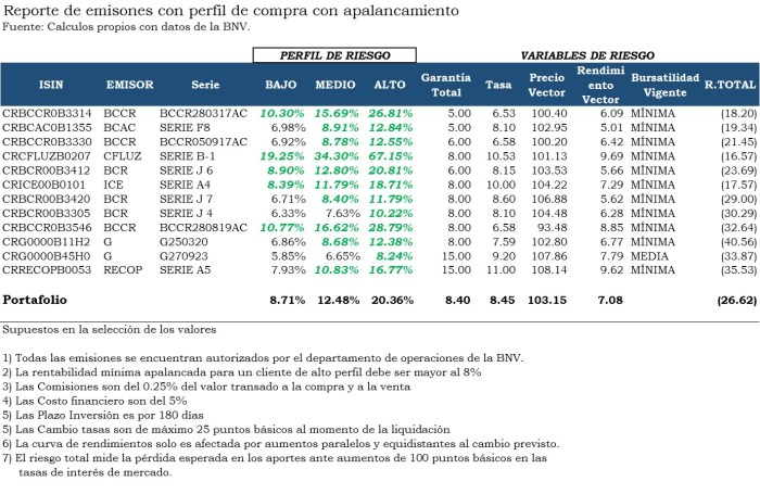 Cuadro#1: Portafolio de emisiones y rendimiento con financiamiento.